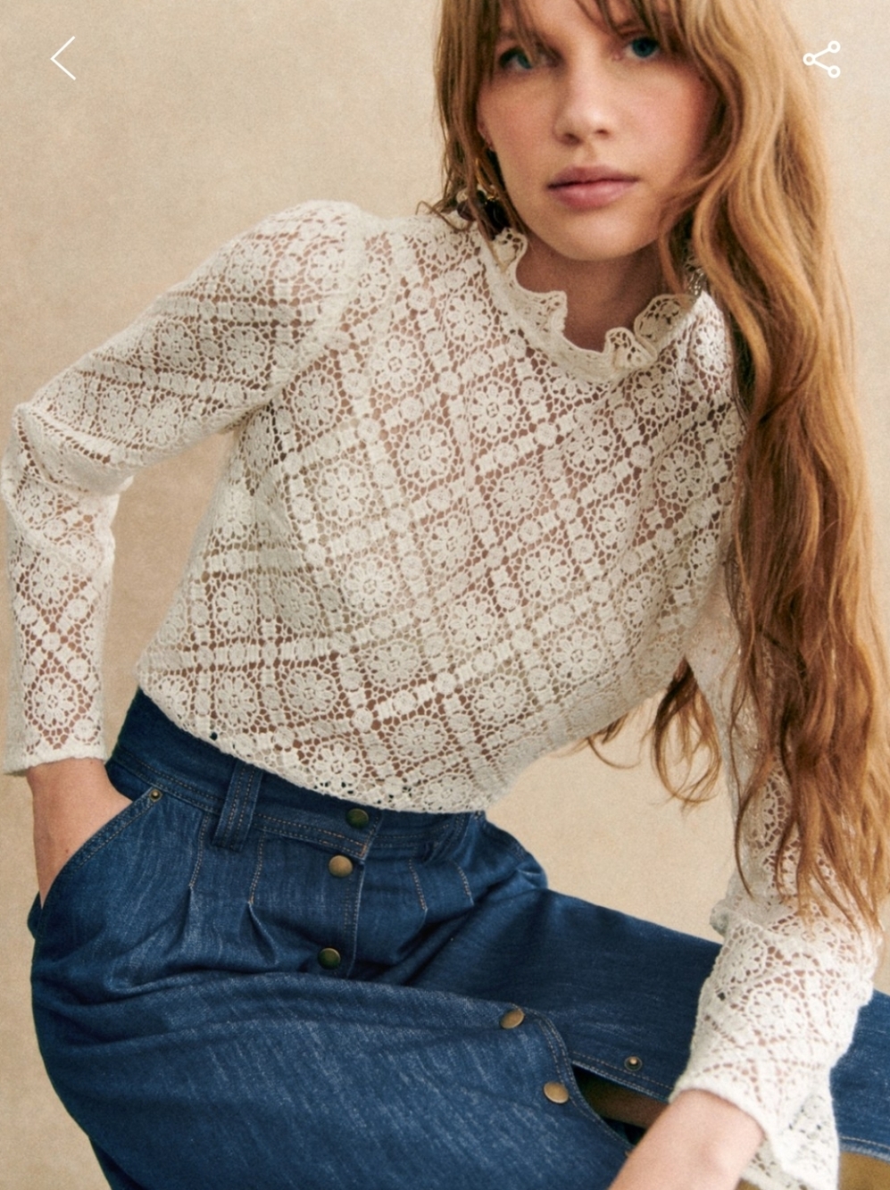 Sezane Eglantine Ecru Long-Sleeve Guipure Blouse